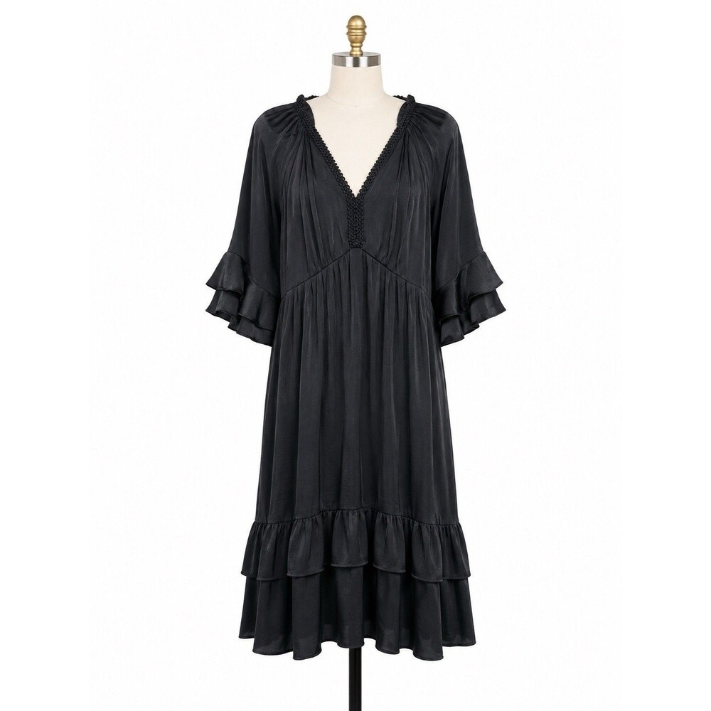 Kobi Halperin Womens Bryant Soft Peasant Dress Size XL Black Satin Ruffle